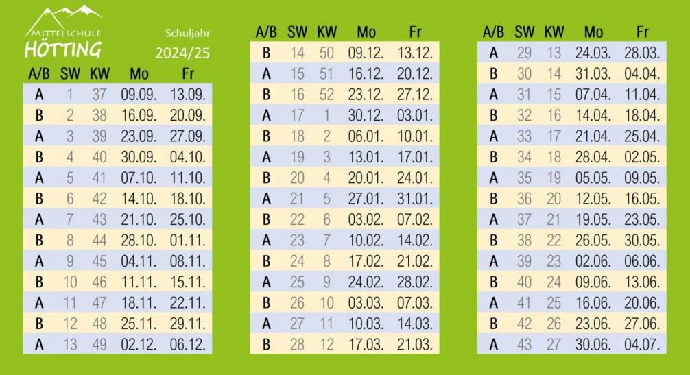 Schulwochenübersicht A/B 2024/25
