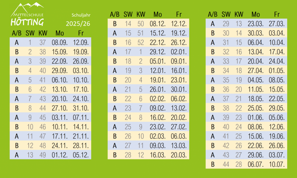 Schulwochen A/B SJ 2025/26